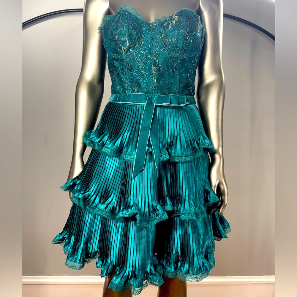 Betsey Johnson Evening Green Lace + Satin Bustier Holiday Dress Sz 0